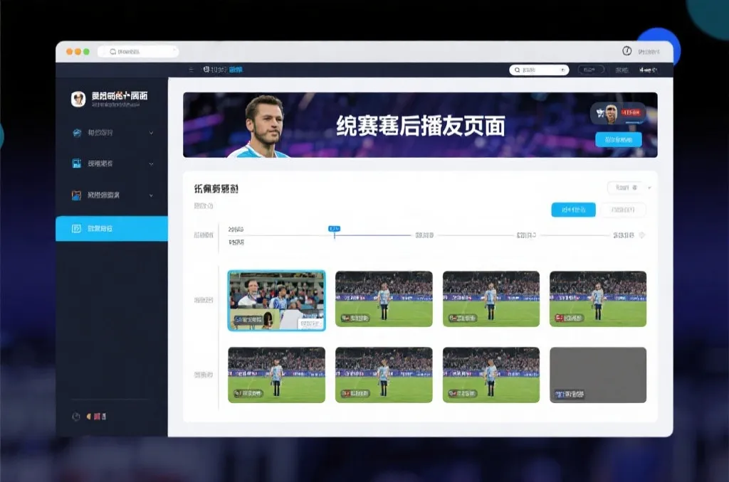比赛结束后，电视屏幕展示集锦回放页面，旁边有时间轴和多角度切换提示
